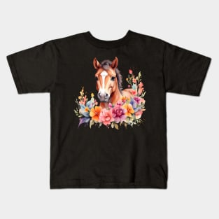 A horse decorated with beautiful watercolor flowers Kids T-Shirt